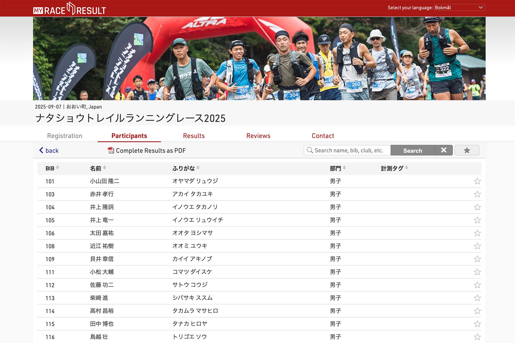 ナタショウトレイルランニングレース2025の出走者リストを公開しました。